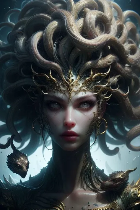 (high quality), (masterpiece), (detailed), 8K, Hyper-realistic depiction of a Japanese female character in a futuristic setting embodying the essence of Medusa, blending elements of myth and technology with captivating realism. Trending on DeviantArt.