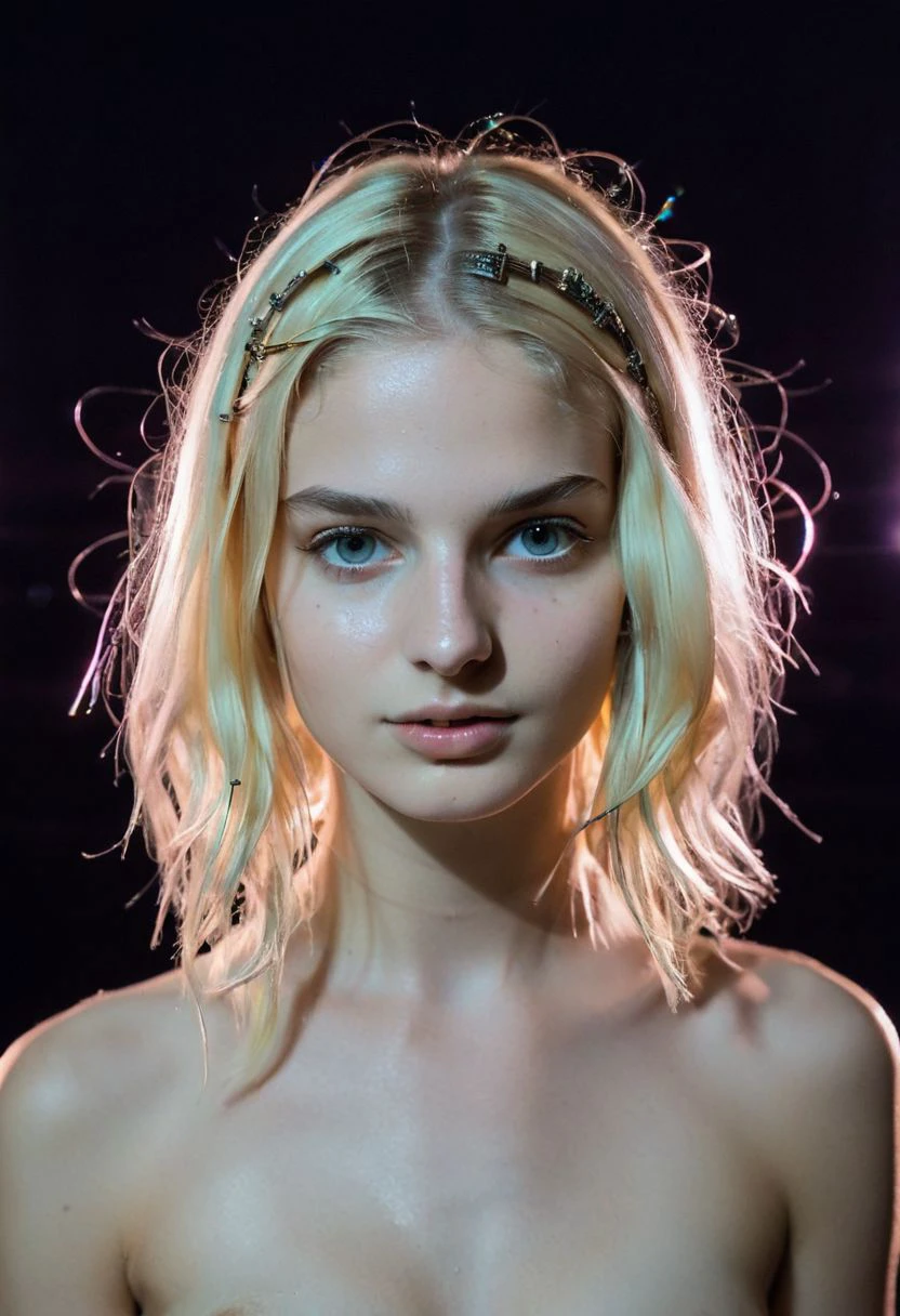 Nude girl, woman, (high quality:1.2), 8k, ame detailed skin, dark studio, rim lighting, dimly lit, low key, cold_light, (futuristic black Clothes:1.3), black_background, perfect lips, from_above, pov, (realistic_blonde_hair:1.2), messy_hair, bobcut, forehead , palaroid,moles on body, standing straight, ear piercing, heart necklace, close mouth, (small breasts),(looking straight to camera)(anchespaceroom:1.0)super-detailed intricate, taken by David LaChapelle, ligtning, bioluminescent, reflecting,(epiCPhotoGasm-colorfulPhoto:1.0)