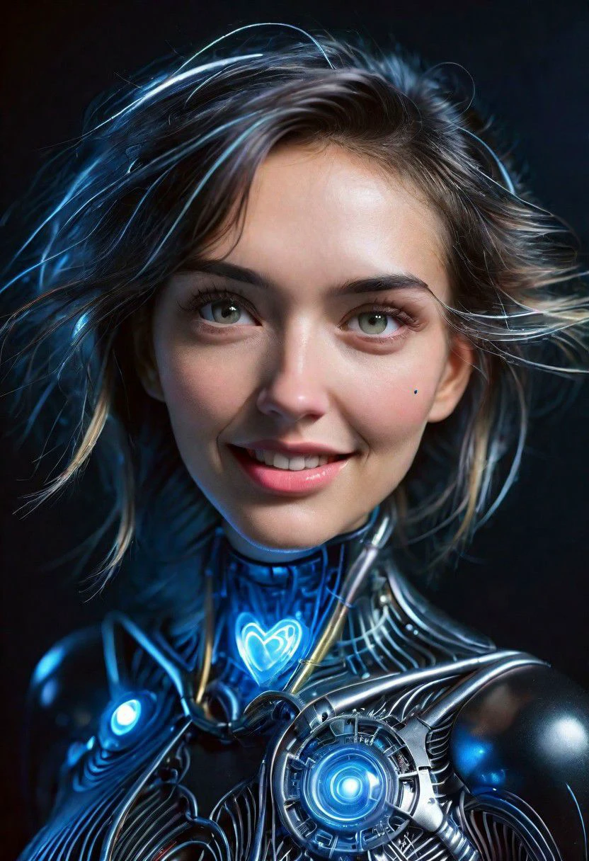 (extreme close-up:1.6),(DonMFmaXL:1.3) , girl, woman , Smiling, (high quality:1.2), 8k, ame detailed skin, dark studio, rim lighting, dimly lit, low key, cold_light, (futuristic black Clothes:1.3), black_background, perfect lips, from_above, pov, (realistic_hair:1.2), messy_hair, bobcut, forehead , palaroid,moles on body, standing straight, ear piercing, heart necklace, close mouth, (small breasts),(looking straight to camera)(anchespaceroom:1.0)super-detailed intricate, taken by David LaChapelle, ligtning, bioluminescent, reflecting,