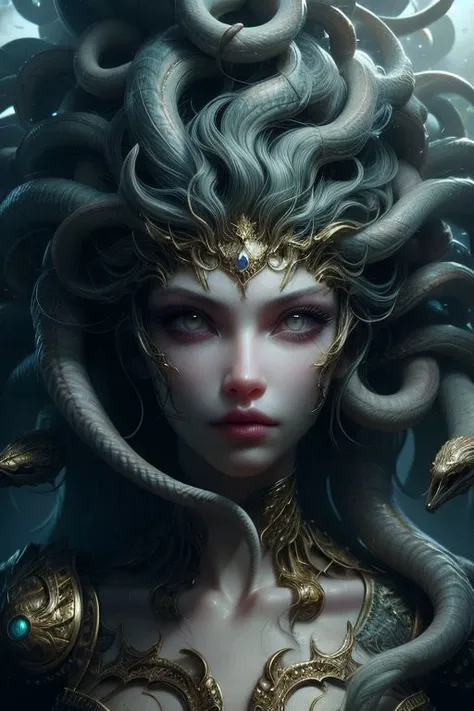 (high quality), (masterpiece), (detailed), 8K, Hyper-realistic depiction of a Japanese female character in a futuristic setting embodying the essence of Medusa, blending elements of myth and technology with captivating realism. Trending on DeviantArt.