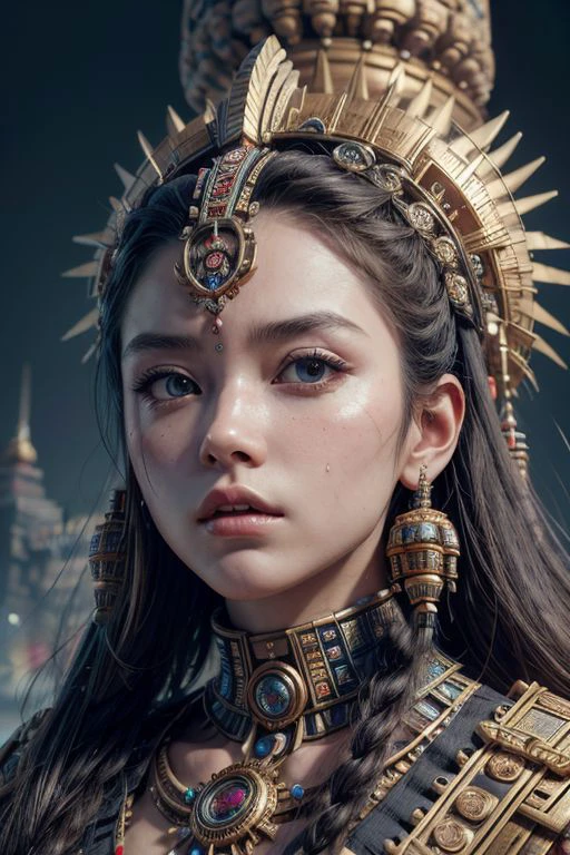 (high quality), (masterpiece), (detailed), 8K, Hyper-realistic portrayal of a futuristic (1girl1.2), Japanese character amidst Aztec-inspired scenery with a towering ziggurat. Meticulous details capture the fusion of cultural elements and futuristic innovation in this visually stunning composition. Trending on Artstation.