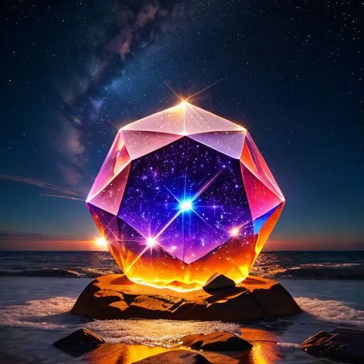 huge multifaceted crystal stands on a rock and shines from the reflected sunset sun,starry shines inside the crystal,ocean,starry_sky,star_trail,full_moon,cirrocumulus_floccus,in the ocean,
high quality, highres, absurdres,