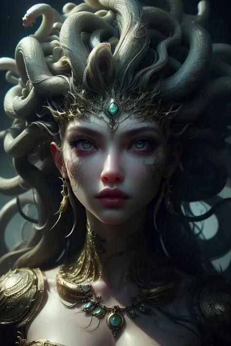 (high quality), (masterpiece), (detailed), 8K, Hyper-realistic depiction of a Japanese female character in a futuristic setting embodying the essence of Medusa, blending elements of myth and technology with captivating realism. Trending on DeviantArt.