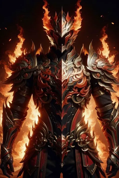 (high quality), (masterpiece), (detailed), 8K, Hyper-realistic illustration depicts (Japanese boy1.3) engulfed in (flames1.2) as he wears intricately designed (armor1.2) with a determined (facial expression1.2), showcasing precise (anatomy1.2) and subtle (skin texture1.2) beneath the armor's (metallic sheen1.2). Flames dance across his upper body, casting a warm (orange glow1.2) on the surrounding environment. In style of Hajime Sorayama, trending on Artstation.