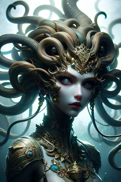 (high quality), (masterpiece), (detailed), 8K, Hyper-realistic depiction of a Japanese female character in a futuristic setting embodying the essence of Medusa, blending elements of myth and technology with captivating realism. Trending on DeviantArt.