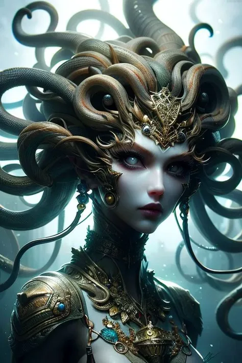 (high quality), (masterpiece), (detailed), 8K, Hyper-realistic depiction of a Japanese female character in a futuristic setting embodying the essence of Medusa, blending elements of myth and technology with captivating realism. Trending on DeviantArt.