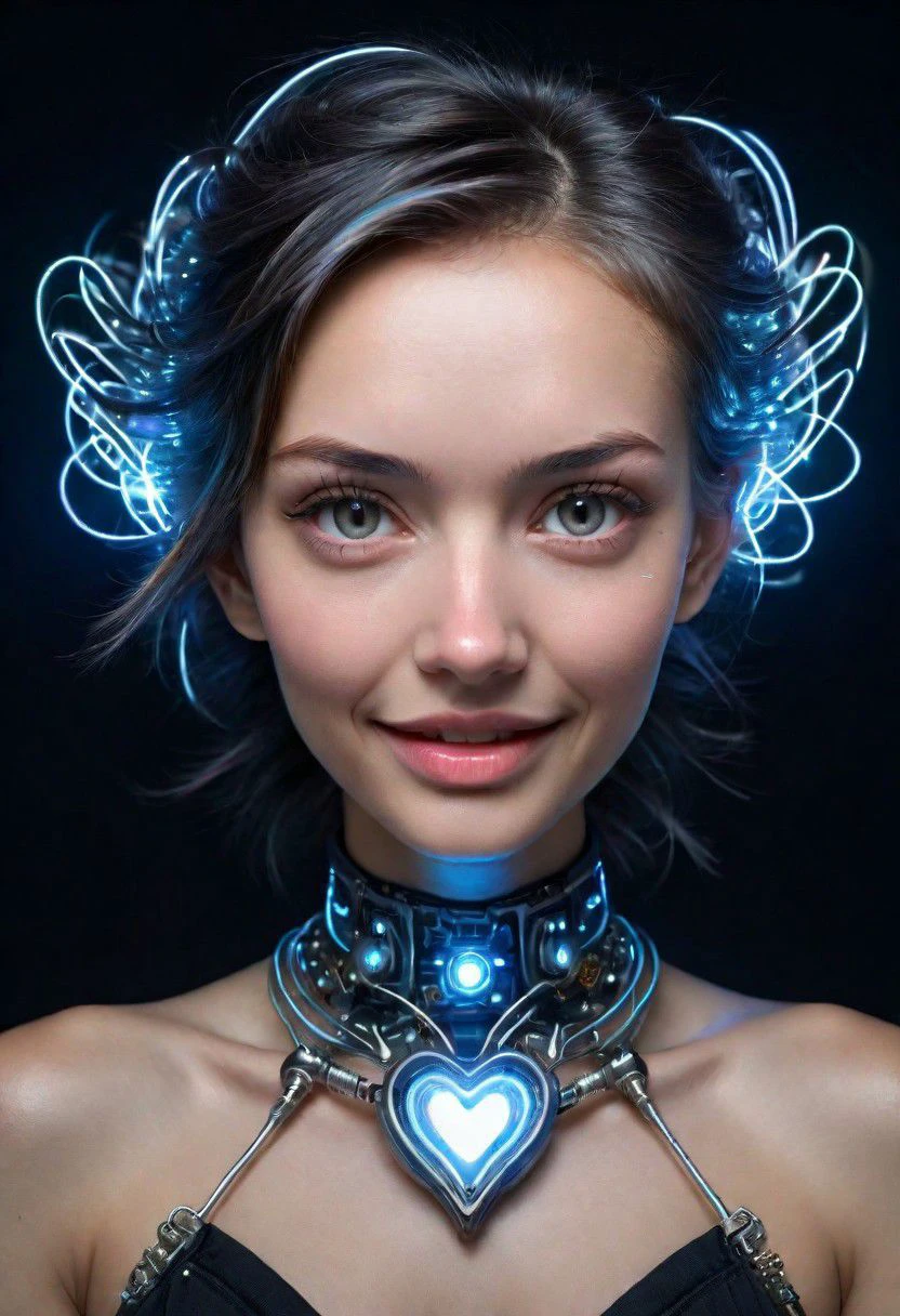 (extreme close-up:1.6),(DonMFmaXL:1.3) , girl, woman , Smiling, (high quality:1.2), 8k, ame detailed skin, dark studio, rim lighting, dimly lit, low key, cold_light, (futuristic black Clothes:1.3), black_background, perfect lips, from_above, pov, (realistic_hair:1.2), messy_hair, bobcut, forehead , palaroid,moles on body, standing straight, ear piercing, heart necklace, close mouth, (small breasts),(looking straight to camera)(anchespaceroom:1.0)super-detailed intricate, taken by David LaChapelle, ligtning, bioluminescent, reflecting,