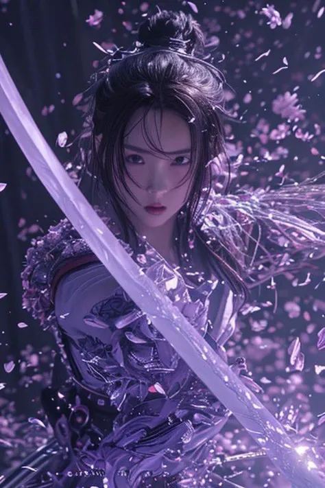 anime girl with a sword in her hand and a purple light, beautiful digital artwork, stunning digital illustration, anime style 4 k, 4k highly detailed digital art, detailed digital anime art, ross tran 8 k, anime art wallpaper 8 k, anime art wallpaper 4k, anime art wallpaper 4 k, 8k stunning artwork, anime styled 3d