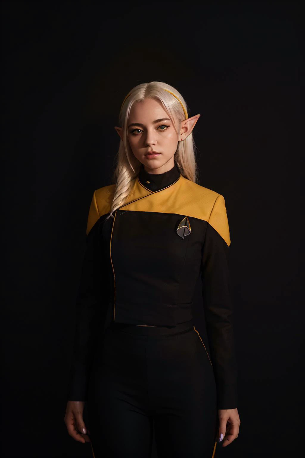 (RAW, professional,masterpiece:1.2), (melancholic:1.2), cinematic lighting, 20 years old, 1girl, elf ears,, white blank background night, golden white hair, dark dramatic, Exaggeration, Dark Aesthetic, half body, portrait, wearing (pcdst black and yellow uniform,black pants,black long sleeves,yellow shoulders:1.2),<lora:STPicardUniforms:0.8>