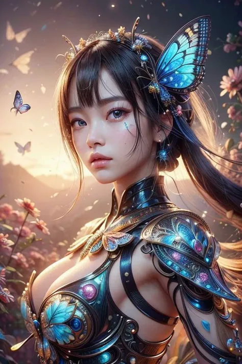 (high quality), (masterpiece), (detailed), 8K, Hyper-realistic depiction of a Japanese girl as a futuristic character, adorned with intricate butterfly motifs. Meticulous attention to detail captures the fusion of futuristic elements with the delicate beauty of butterflies, creating a visually stunning composition. Trending on Artstation.