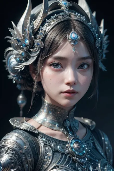 (high quality), (masterpiece), (detailed), 8K, Hyper-realistic portrayal of a futuristic (1girl1.2), Japanese character within a mandelbulb-inspired silver environment. Meticulous details capture the seamless blend of tradition and innovation in this visually stunning composition. Trending on Artstation.