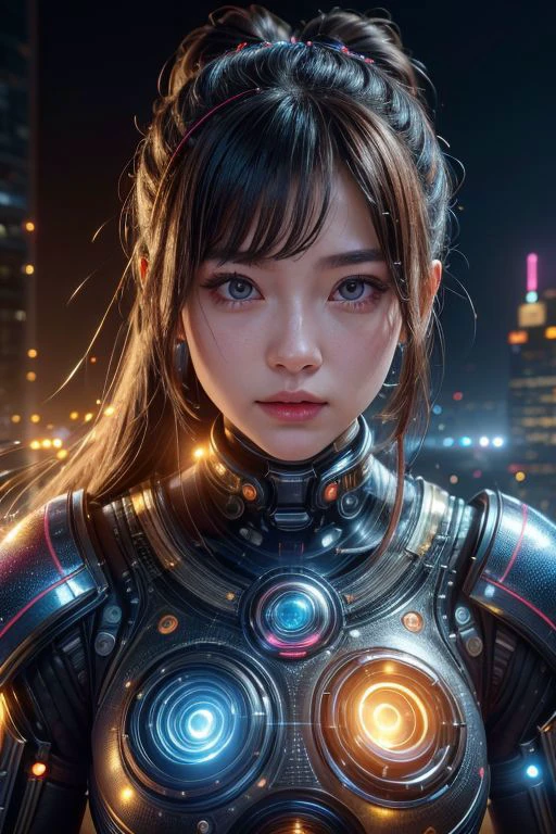 (high quality), (masterpiece), (detailed), 8K, Hyper-realistic portrayal of a futuristic (1girl1.2), Japanese character illuminated by vibrant LED lights. Meticulous details capture the modernity and innovation in this visually stunning composition. Trending on Artstation.