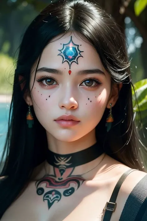 Hyperrealistic portrait of a 18 year old girl with frivolous gaze, intricate facial tattoos, jet-black hair, and vibrant lighting. Set against a serene nature background, reminiscent of monumental cinematography. Masterpiece digital artwork by Hayao Miyazaki.