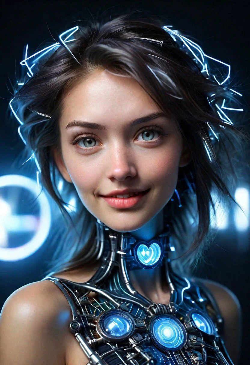 (extreme close-up:1.6),(DonMFmaXL:1.3) , girl, woman , Smiling, (high quality:1.2), 8k, ame detailed skin, dark studio, rim lighting, dimly lit, low key, cold_light, (futuristic black Clothes:1.3), black_background, perfect lips, from_above, pov, (realistic_hair:1.2), messy_hair, bobcut, forehead , palaroid,moles on body, standing straight, ear piercing, heart necklace, close mouth, (small breasts),(looking straight to camera)(anchespaceroom:1.0)super-detailed intricate, taken by David LaChapelle, ligtning, bioluminescent, reflecting,
