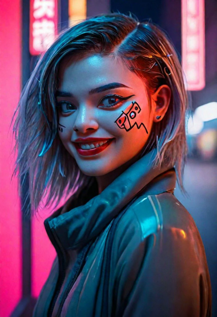 (pop art:1.0)"Visualize a professional, (Utopia city:1.5), (Smile:1.5),high-resolution, mid-body portrait that brings to life the nuanced realism of a young woman with Android characteristics (with a car ((Toyota Calya)):1.0), amidst the distinct ambiance of a Utopia city. This photograph, captured with an advanced digital SLR camera, is renowned for its exceptional detail resolution and depth of field capabilities. Special attention is given to the woman's skin and eyes, aiming for an unparalleled level of realism that highlights the texture of her skin and the depth of her eyes, making them the focal points of the composition. The wide aperture setting ensures the subject is crisply in focus, with the city's neon-infused backdrop beautifully blurred, providing a contrast that accentuates the subject's features. The selection of the scene demands creativity and diversity, moving away from clichd representations to capture unique moments within the cyberpunk setting that are rich in detail and emotion. Advanced lighting techniques are employed to illuminate the skin and eyes vividly, showcasing the interplay of light and shadow that defines the contours and expressions. The aim is to create a portfolio of images that explore a variety of scenarios, expressions, and compositions, each telling its own story of the symbiosis between human and technology in a future world."8k,35mm, fflixdocphoto