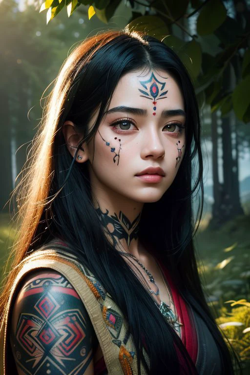 Hyperrealistic portrait of a 18 year old girl with frivolous gaze, intricate facial tattoos, jet-black hair, and vibrant lighting. Set against a serene nature background, reminiscent of monumental cinematography. Masterpiece digital artwork by Hayao Miyazaki.