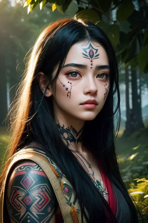 Hyperrealistic portrait of a 18 year old girl with frivolous gaze, intricate facial tattoos, jet-black hair, and vibrant lighting. Set against a serene nature background, reminiscent of  monumental cinematography. Masterpiece digital artwork by Hayao Miyazaki.