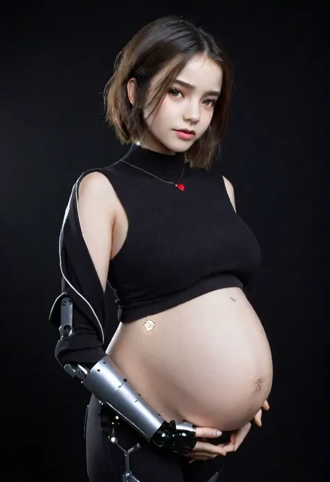 girl, woman (Pregnant:1.3) , Serious, (high quality:1.2), 8k, ame detailed skin, dark studio, rim lighting, dimly lit, low key, cold_light, black_background, perfect lips, from_above, pov, (realistic_hair:1.2), messy_hair, bobcut, forehead, (close-up:-0.7) , (Robot Clothes:1.3), palaroid,moles on body, standing straight, ear piercing, heart necklace, close mouth, (small breasts),(looking straight to camera)