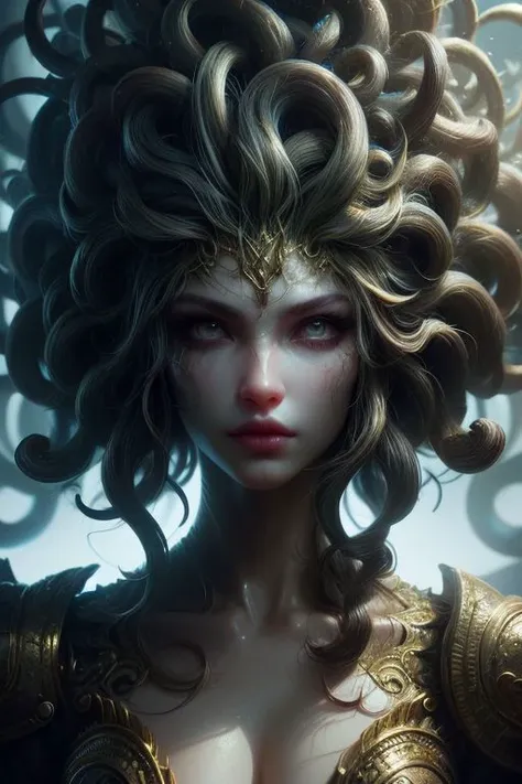 (high quality), (masterpiece), (detailed), 8K, Hyper-realistic depiction of a Japanese female character in a futuristic setting embodying the essence of Medusa, blending elements of myth and technology with captivating realism. Trending on DeviantArt.