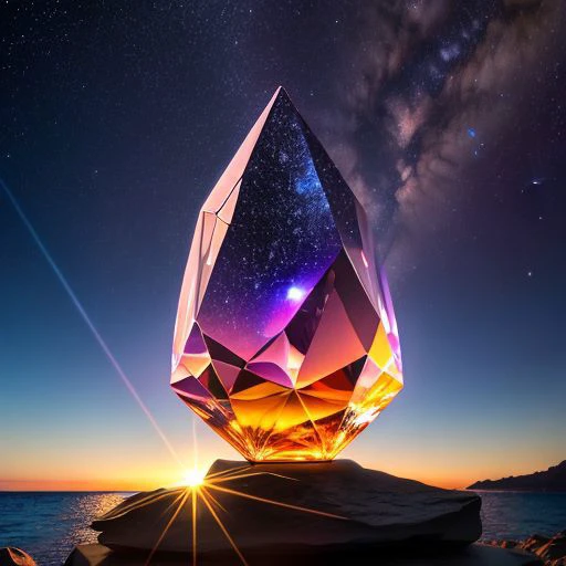 huge multifaceted crystal stands on a rock and shines from the reflected sunset sun,starry shines inside the crystal,ocean,starry_sky,star_trail,full_moon,cirrocumulus_floccus,in the ocean,
high quality, highres, absurdres,