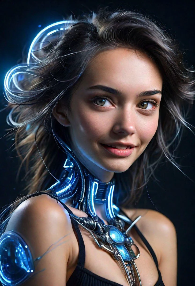 (extreme close-up:1.6),(DonMFmaXL:1.3) , girl, woman , Smiling, (high quality:1.2), 8k, ame detailed skin, dark studio, rim lighting, dimly lit, low key, cold_light, (futuristic black Clothes:1.3), black_background, perfect lips, from_above, pov, (realistic_hair:1.2), messy_hair, bobcut, forehead , palaroid,moles on body, standing straight, ear piercing, heart necklace, close mouth, (small breasts),(looking straight to camera)(anchespaceroom:1.0)super-detailed intricate, taken by David LaChapelle, ligtning, bioluminescent, reflecting,