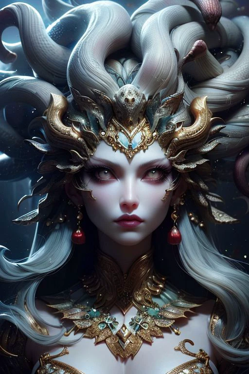 (high quality), (masterpiece), (detailed), 8K, Hyper-realistic depiction of a Japanese female character in a futuristic setting embodying the essence of Medusa, blending elements of myth and technology with captivating realism. Trending on DeviantArt.