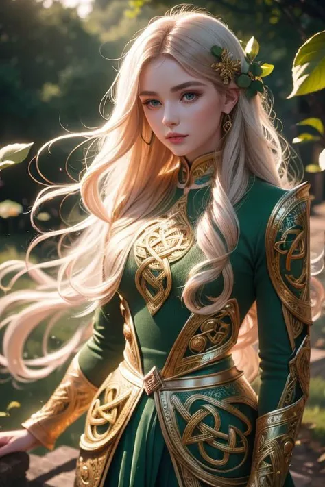 (detailed face, green eyes), beautiful detailed lips, traditional Irish clothing, surrounded by lush green landscape, holding a four-leaf clover, golden hair flowing in the wind, sunlight casting a warm glow, intricate Celtic knotwork pattern in the background, vibrant colors, dreamlike atmosphere, magical aura. (best quality, highres), (Irish folklore), (traditional art style), (harmonious color palette), (subtle lighting effects).