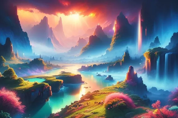 (a sky island scenery),oil painting,detailed clouds,glowing sunset,crystal clear river,peaceful atmosphere,towering mountains,majestic waterfalls,rich vegetation,magic floating rocks,surreal colors,soft lighting,ethereal beauty,tranquil reflections,serene stillness,vibrant flora and fauna,harmonious blending of nature,immersive landscape,picturesque view,unforgettable experience