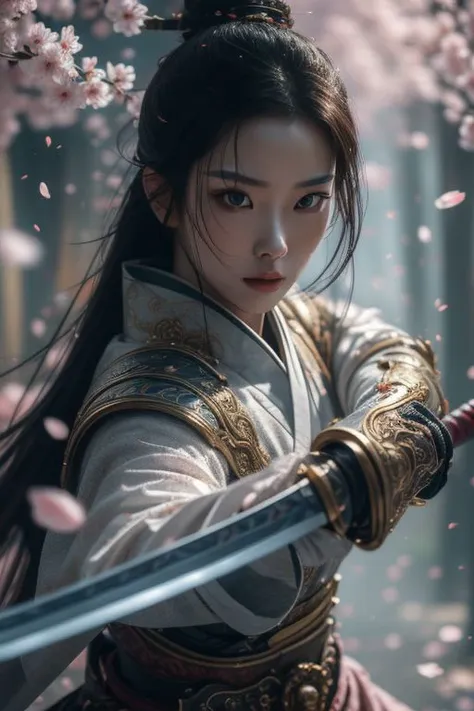 A realistic and detailed cinematic close shot portrait photo of a model sexy Korean female, eye focus, detailed pores, (((looking at viewer))), glossy shiny skin, mediveal clothing and ornate heavy armor, large breasts, (holding sword), nsfw, mediveal setting, european mediveal cobblestone alley in the background, <lora:Sword Sakura_20240129064936:1>