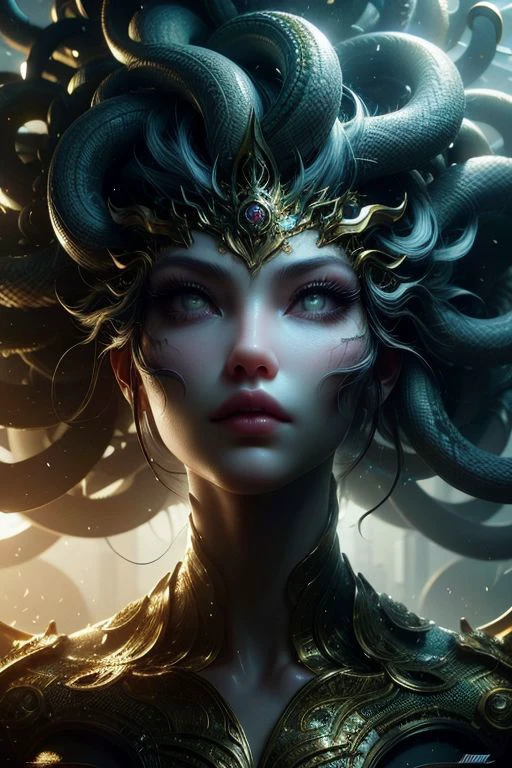 (high quality), (masterpiece), (detailed), 8K, Hyper-realistic depiction of a Japanese female character in a futuristic setting embodying the essence of Medusa, blending elements of myth and technology with captivating realism. Trending on DeviantArt.