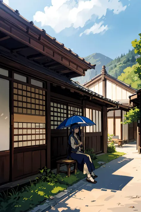 masterpiece,high quality,highres,1girl,solo,<lora:hitozato-wasabiya:1>,hitozato,outdoors,blue hair ,landscape,shop,food,umbrella,