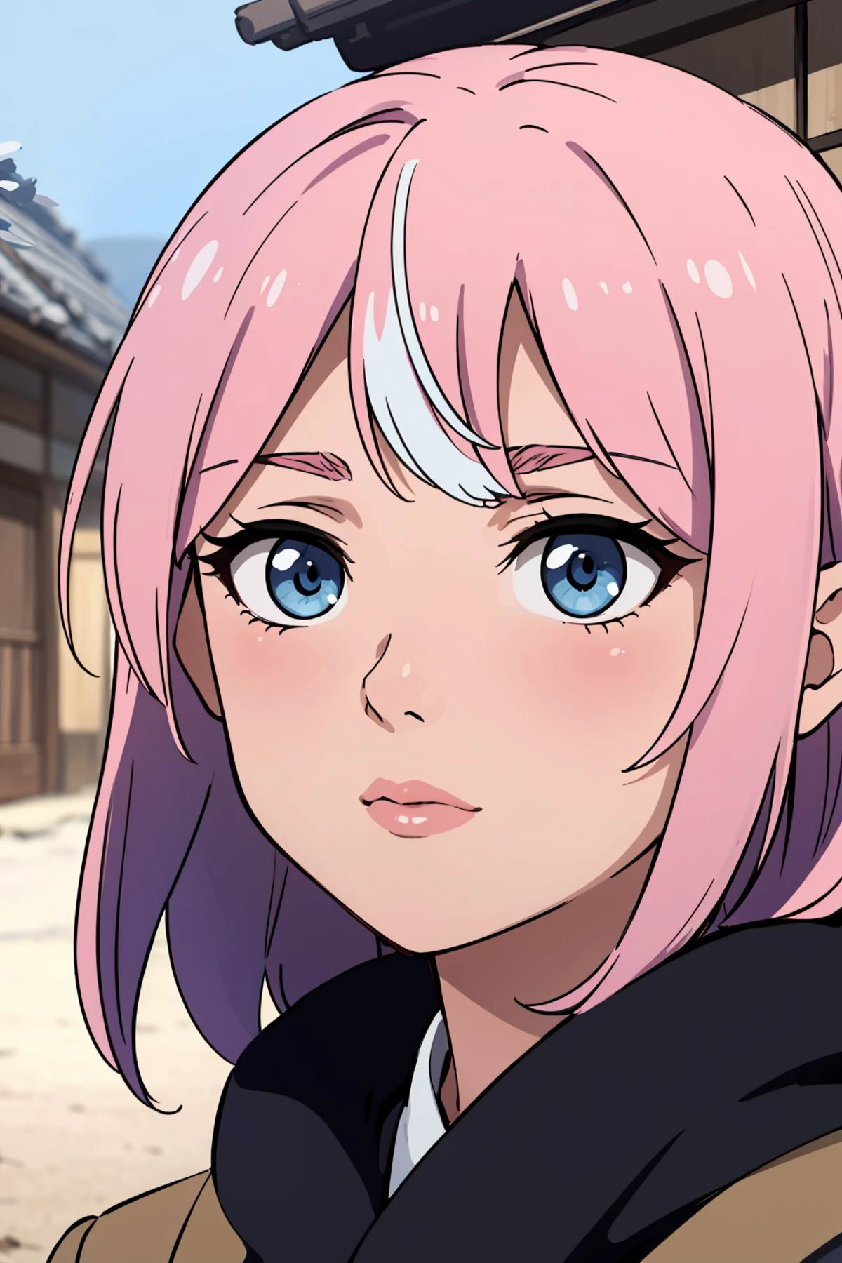 masterpiece,high quality,highres,1girl,solo,<lora:hitozato-wasabiya:1>, hitozato,outdoors,(beautiful eyes, blue eyes , pink hair , beautiful face),