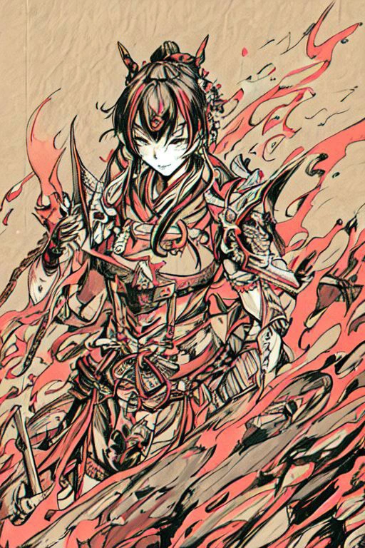 hitozato "A dynamic Japanese woodblock print of a fierce female warrior (onna-bugeisha) standing confidently in a mountainous landscape. She wears traditional samurai armor with intricate details and a katana held firmly in her hand. The scene is filled with vibrant colors, with subtle shading adding depth to the figure and environment. Hints of art style by mobeus , Western influence are present through the use of linear perspective in the background. The overall composition is powerful and visually striking, emphasizing the onna-bugeisha's strength and determination."