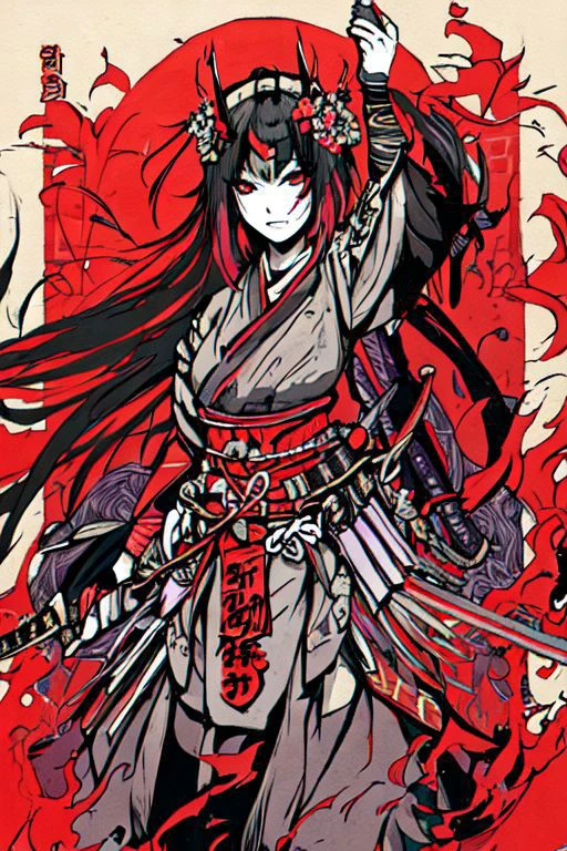 hitozato "A dynamic Japanese woodblock print of a fierce female warrior (onna-bugeisha) standing confidently in a mountainous landscape. She wears traditional samurai armor with intricate details and a katana held firmly in her hand. The scene is filled with vibrant colors, with subtle shading adding depth to the figure and environment. Hints of art style by mobeus , Western influence are present through the use of linear perspective in the background. The overall composition is powerful and visually striking, emphasizing the onna-bugeisha's strength and determination." 1girl, anime, arm up, art style by moebius, art style by utagawa kuniyoshi, art style by yoshitoshi mori, black hair, blood, courage and leadership woman., female aizu troops, female focus, female warrior, flower, hair flower, hair ornament, long hair, makeup, manga, manga style drawing, multicolored hair, nakano takeko, obi, painting, red eyes, solo, sword