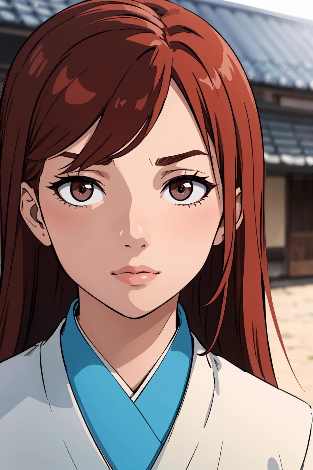 masterpiece,high quality,highres,1girl,solo,<lora:hitozato-wasabiya:1>, hitozato,outdoors,(beautiful eyes, brown eyes , red hair , beautiful face),