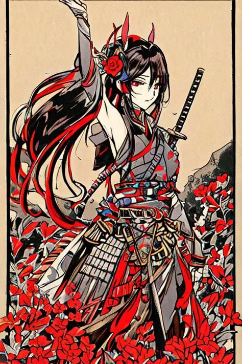 hitozato "A dynamic Japanese woodblock print of a fierce female warrior (onna-bugeisha) standing confidently in a mountainous landscape. She wears traditional samurai armor with intricate details and a katana held firmly in her hand. The scene is filled with vibrant colors, with subtle shading adding depth to the figure and environment. Hints of art style by mobeus , Western influence are present through the use of linear perspective in the background. The overall composition is powerful and visually striking, emphasizing the onna-bugeisha's strength and determination." 1girl, anime, arm up, art style by moebius, art style by utagawa kuniyoshi, art style by yoshitoshi mori, black hair, blood, courage and leadership woman., female aizu troops, female focus, female warrior, flower, hair flower, hair ornament, long hair, makeup, manga, manga style drawing, multicolored hair, nakano takeko, obi, painting, red eyes, solo, sword