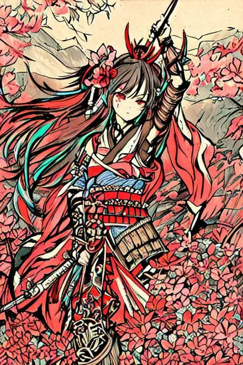 hitozato "A dynamic Japanese woodblock print of a fierce female warrior (onna-bugeisha) standing confidently in a mountainous landscape. She wears traditional samurai armor with intricate details and a katana held firmly in her hand. The scene is filled with vibrant colors, with subtle shading adding depth to the figure and environment. Hints of art style by mobeus , Western influence are present through the use of linear perspective in the background. The overall composition is powerful and visually striking, emphasizing the onna-bugeisha's strength and determination." 1girl, anime, arm up, art style by moebius, art style by utagawa kuniyoshi, art style by yoshitoshi mori, black hair, blood, courage and leadership woman., female aizu troops, female focus, female warrior, flower, hair flower, hair ornament, long hair, makeup, manga, manga style drawing, multicolored hair, nakano takeko, obi, painting, red eyes, solo, sword