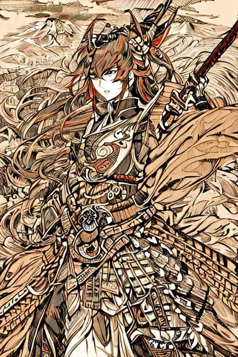 hitozato "A dynamic Japanese woodblock print of a fierce female warrior (onna-bugeisha) standing confidently in a mountainous landscape. She wears traditional samurai armor with intricate details and a katana held firmly in her hand. The scene is filled with vibrant colors, with subtle shading adding depth to the figure and environment. Hints of art style by mobeus , Western influence are present through the use of linear perspective in the background. The overall composition is powerful and visually striking, emphasizing the onna-bugeisha's strength and determination."