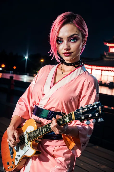 judy, pixie cut pink hair, green eyes, piercings,choker, jewelry, wearing a pink and white kimono with flower pattern, looking at viewer, serious, smirk, medium shot, standing, outside, japanese garden,stage in background, holding a electric guitar, dark, neon lighting, high quality, masterpiece, <lora:Judy:.7> <lora:Kimono_V20:.6>