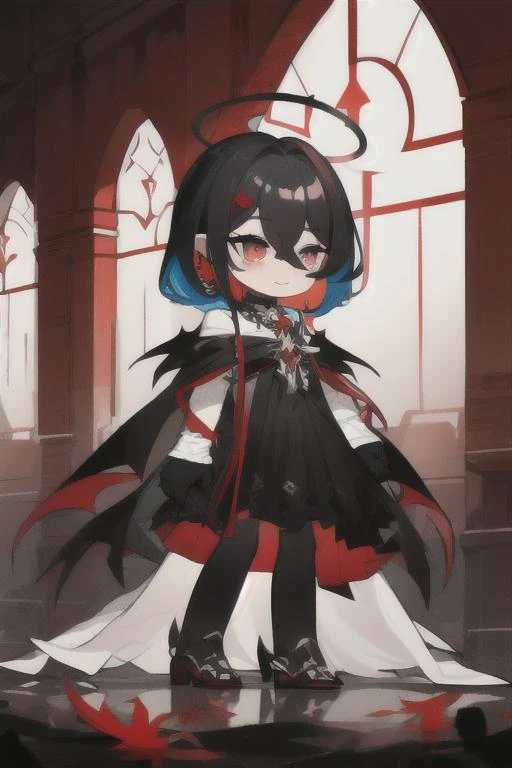 {{masterpiece}}, {{best quality}}, {finely detailed}, {high resolution},1girl, a girl inside the church with black hair and bright red pupil surrounded by{ many} glowing{ feathers } in cold face, alternative clothing, alternative hair color, alternative hairstyles, asymmetric tights, black hair , capes, clothing, separate sleeves, dresses, women, women only, flowers, hair between the eyes, long hair, colorful, red color lor full eyes , nisha maze, plants, bright red eyes, no expression, solo, colored inner hair, ahoge,bright red inner hair, empty eyes, black eyes, solid circle eyes, messy beautiful hair, dark tone, cuter and more beautiful face , no energy, no power, no smile, empty eyes, {{{color}}}, Helpless eyes, close up, blue light, halo, shadow, night, light source, elsword,hair accessories, ribbons,Black forest , mysterious plants, moon, night sky, meteors, all black villain outfit, messy red long hair, city, interior,glowing eyes,cold eyes,ruthless eyes,no halo,{{black straight hair}},desperate look,Red horns on the head, black dragon whiskers on the head,{{{mature female}}},unbent corner,There are more angles on the corners and are symmetrical,{{Strapless}},devil's horn,eyes won't open too wide,mupper body,upper body,More than a pair of devil's horns on the head,black cloak, <lora:7788:0.8> ,(full body:1.2), min, chibi,looking into camera,black gloves