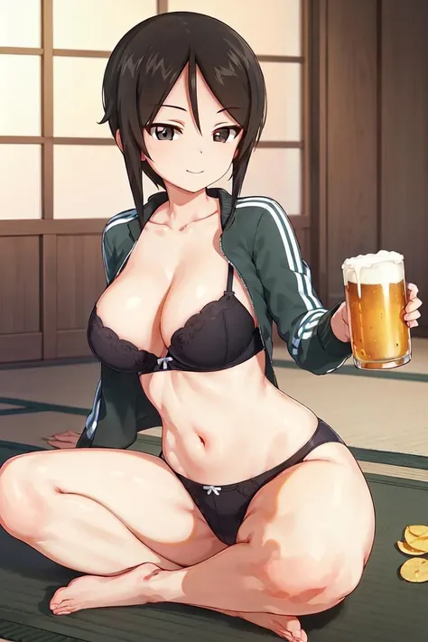 masterpiece,best quality, novel cover, 1girl, solo, messy room, tatami, kotatsu, girls und panzer, chouno ami, swept bangs, large sagging breasts, wide hips, sitting, indian style, drink, beer mug, holding beer mug, drunk, drinking, potato chips, d:, looking at looking at viewer, green_track_jacket, open jacket, bra, panties <lora:Chouno Ami:0.6>