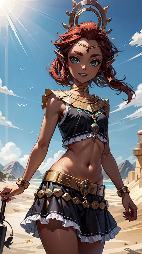 (masterpiece:1.21),(best quality:1.21),absurdres,midriff,black dress,solo,smiling,smug,looking at viewer,cowboy shot,cinematic composition,dynamic pose,desert,background,sand,day,groin,bokeh,depth of field,<lora:riju_zelda-08_v3:1>,riju_zelda,(blue lips, eyeshadow, circlet, crown),(hair rings, long hair),(short hair, skirt, armor),