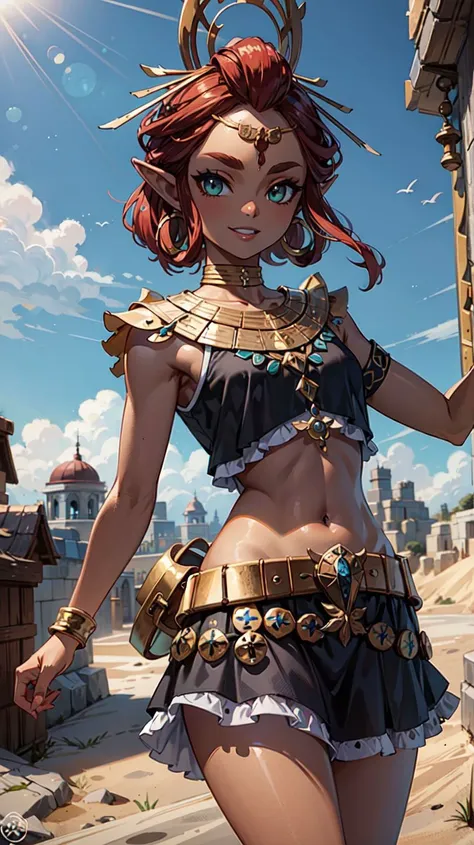 (masterpiece:1.21),(best quality:1.21),absurdres,midriff,black dress,solo,smiling,smug,looking at viewer,cowboy shot,cinematic composition,dynamic pose,desert,background,sand,day,groin,bokeh,depth of field,<lora:riju_zelda-08_v3:1>,riju_zelda,(blue lips, eyeshadow, circlet, crown),(hair rings, long hair),(short hair, skirt, armor),