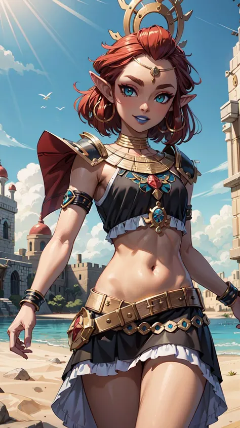 Create a realistic and detailed full-length portrait of Sephina, a captivating character blending the essence of Marceline from Adventure Time and Undyne from Undertale and Mipha from Legend of Zelda, Sephina's skin shimmers with an ethereal blend of (light gray-blue skin:1.3), pearlescent shades of (salmon colored scales:1.3) illuminate subtly across her arms and shoulders, Flowing locks of deep red hair cascade down her back, Her expressive eyes a captivating blend of (fiery orange and calming yellow eyes:1.3), A sleek suit of armor, features light-blue and silver accents, a royal cape add a touch of regality, while hints of punk-rock edge peek through in studded belts and metallic accessories, Sephina wears hear jewelry adorned with aquatic motifs and musical symbols, Loop earrings and a pearl circlet band add a touch of Zora elegance, Sephina's name itself carries a celestial and divine connotation, masterpiece, high quality, 4K, undyne, undyne the undying, MarcelineWaifu, nsfw