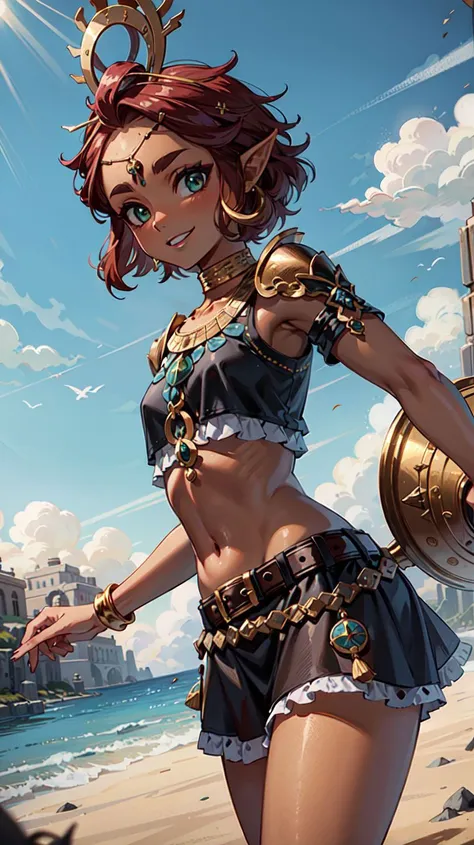 (masterpiece:1.21),(best quality:1.21),absurdres,midriff,black dress,solo,smiling,smug,looking at viewer,cowboy shot,cinematic composition,dynamic pose,desert,background,sand,day,groin,bokeh,depth of field,<lora:riju_zelda-08_v3:1>, riju_zelda,(blue lips, eyeshadow,circlet, crown),(hair rings, long hair),(short hair, skirt, armor),