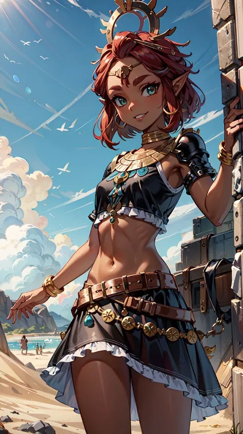 (masterpiece:1.21),(best quality:1.21),absurdres,midriff,black dress,solo,smiling,smug,looking at viewer,cowboy shot,cinematic composition,dynamic pose,desert,background,sand,day,groin,bokeh,depth of field,<lora:riju_zelda-08_v3:1>,riju_zelda,(blue lips, eyeshadow, circlet, crown),(hair rings, long hair),(short hair, skirt, armor),