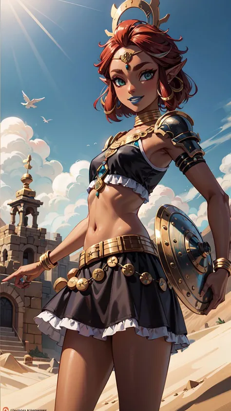 (masterpiece:1.21),(best quality:1.21),absurdres,midriff,black dress,solo,smiling,smug,looking at viewer,cowboy shot,cinematic composition,dynamic pose,desert,background,sand,day,groin,bokeh,depth of field,<lora:riju_zelda-08_v3:1>,riju_zelda,(blue lips, eyeshadow, circlet, crown),(hair rings, long hair),(short hair, skirt, armor),