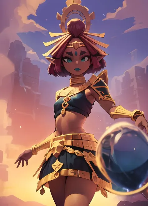 masterpiece,1girl,riju_zelda, <lora:riju_zelda-08_v3:1>,(short hair, skirt, armor), (blue lips, eyeshadow,circlet, crown), cowboy shot, ruins, sunset, palm tree, desert, (floating island), <lora:hyocorou-16:0.75> hyocorou