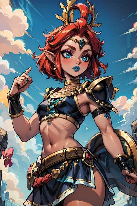 <lora:style_elfquest-37:0.5> eqstyle, 1girl, elf, pointy ears, red hair, dark skin, red hair, curly hair, very long hair, almond eyes, bikini, side tie bikini, bracelets, anklets, looking at viewer, dynamic pose, flirty, high contrast, sharp focus, masterpiece, best quality, highly detailed, HDR, highest quality, highres, sharp focus, 8k, 16k, skin pores, dynamic lights, realistic shadows, best shading, award winning masterpiece