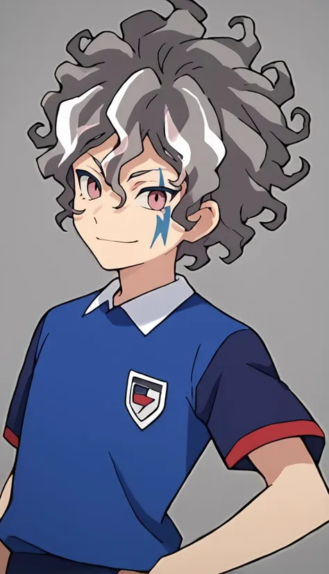 score_9, score_8_up, score_7_up, score_6_up, score_5_up, score_4_up, source_anime, 1boy, kira hiroto, multicolored hair, grey hair, pink eyes, facial tattoo, blue shirt, blue shorts, pose, smile, looking at viewer, <lora:Kira_Hiroto:1>